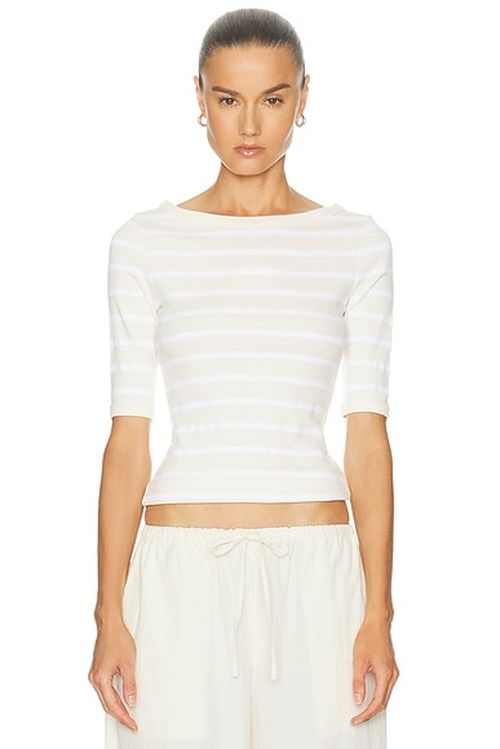 Citizens of Humanity Boatneck Slim Tee in Brulee Stripe - Cream. XL also in XS, S