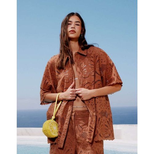 ASOS DESIGN Womens premium broderie shirt co-ord in mocha - Bronze - Sma