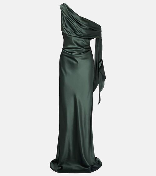 Draped asymmetric silk satin gown