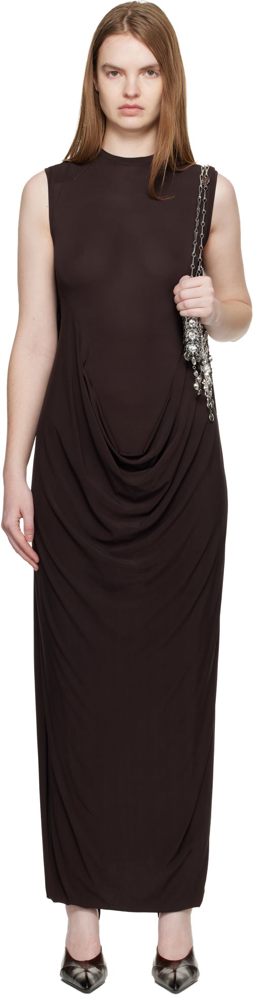Brown Double Layer Draped Maxi Dress