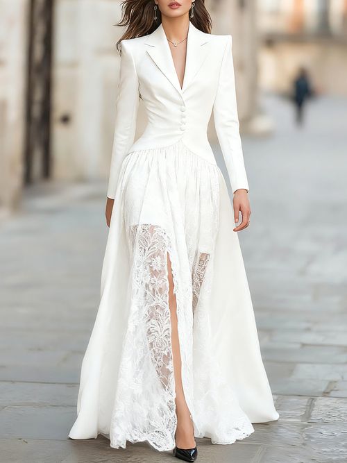 Elegant Tailored Blazer Panel Lace Gown Set - White