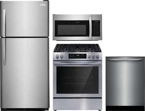 Frigidaire 4 Piece Kitchen Appliances Package with Top Freezer Refrigerator, Gas Range, Dishwasher and Over the Range Microwave in Stainless Steel FRR