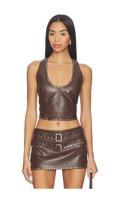 LAMARQUE x REVOLVE Liddy Faux Leather Studded Halter Top in Chocolate. - S also in XS, M