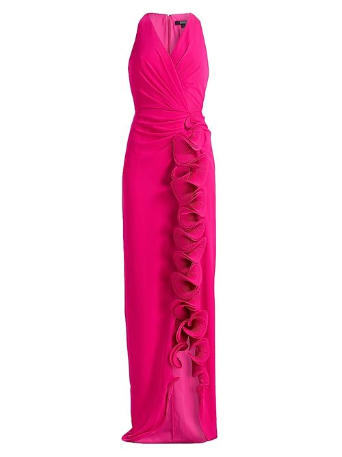 Women's Ruffle-Front Surplice Neck Gown - Magenta