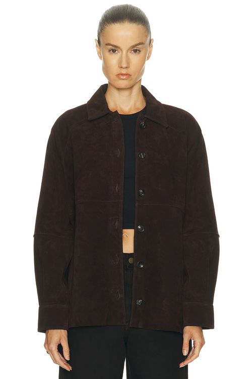 Staud Josette Suede Shirt in Espresso - Chocolate. XS also in L