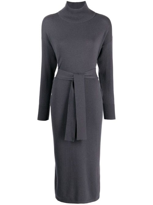 High-neck belted-waist dress - Grey