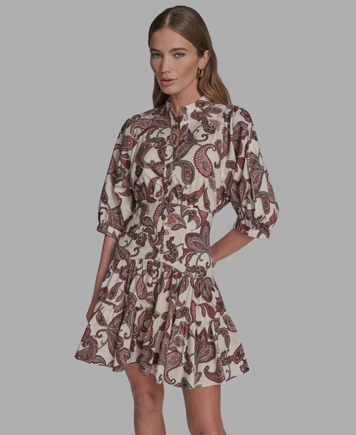 Women's Collared Short-Sleeve Fit & Flare Dress - Dark Cream/Orchid Bloom