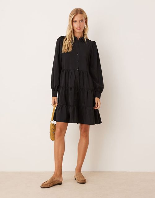 Long sleeve tiered mini shirt dress in black