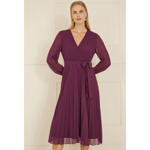 Plum Pleated Wrap Midi Dress With Sheer Long Sleeves