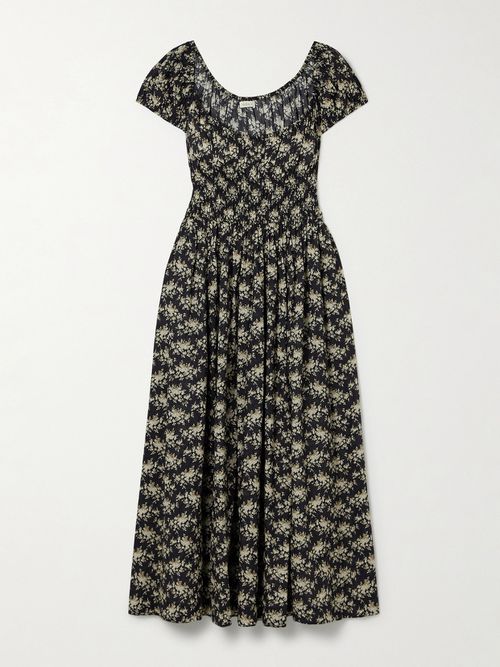 Quinley Shirred Floral-print Organic Cotton-voile Midi Dress - Black