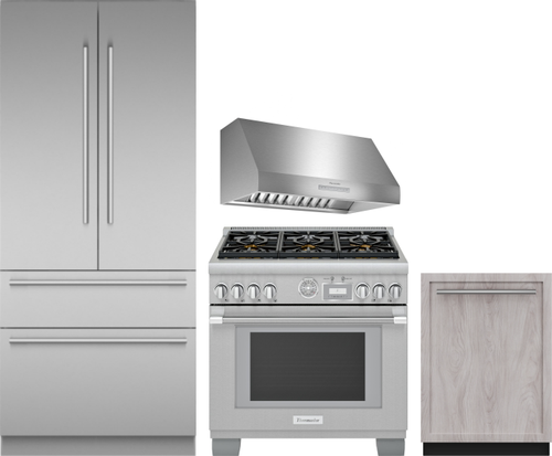 Thermador 4 Piece Kitchen Appliances Package with French Door Refrigerator, Dual Fuel Range and Dishwasher in Stainless Steel THRERARHDW