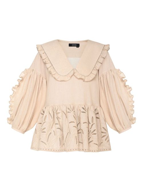 Ruffled-collar broderie-anglaise blouse - Neutrals