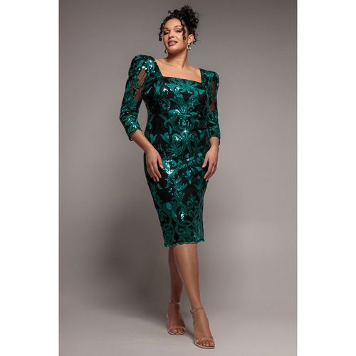 Goddiva Plus Square Neck Scalloped Embroidered Sequin Midi Dress - Emerald Green