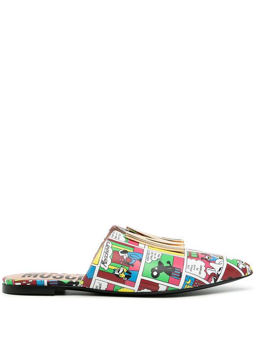Comics-print flat slippers - White