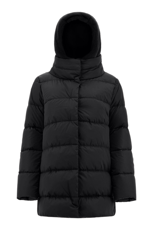 Satin with Faux Fur Hood Down Jacket — Black