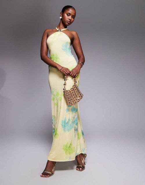 Mesh trimmed halterneck maxi dress with twisted back detail in yellow floral print-Multi