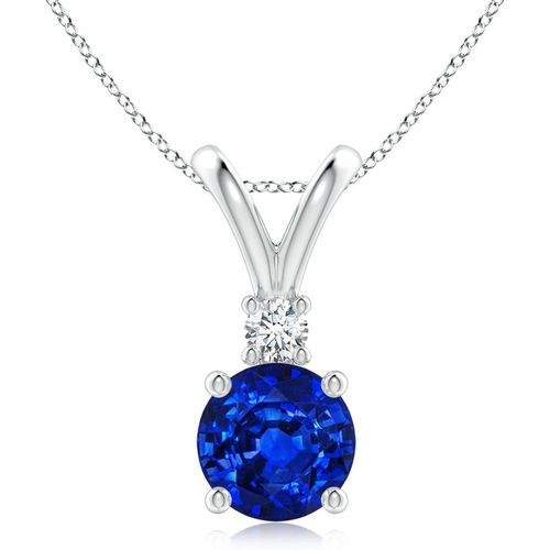 Angara 1.6 Carats Round Blue Sapphire Solitaire V-Bale Pendant with Diamond in 14K White Gold