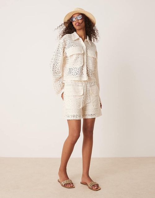 Vila floral crochet utility style cropped shirt co-ord in birch cream-White