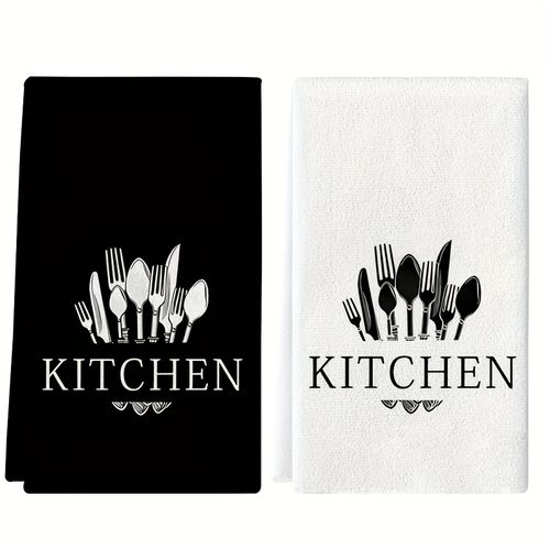 TEMU Set Kitchen Towels Featuring Black And White Cutlery Prints, Made From Microfiber For Modern Absorbency. Ideal For Cooking, Baking