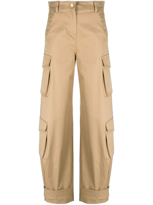 High-Waisted Stretch-Cotton Cargo Pants — Beige