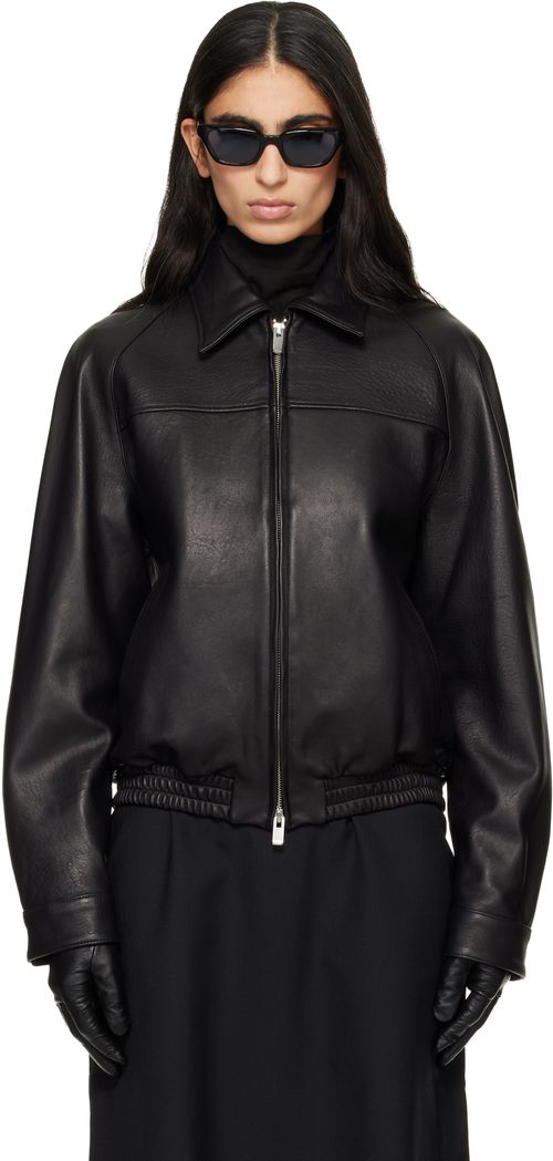 Black Vintage Lamb Leather Bomber Jacket