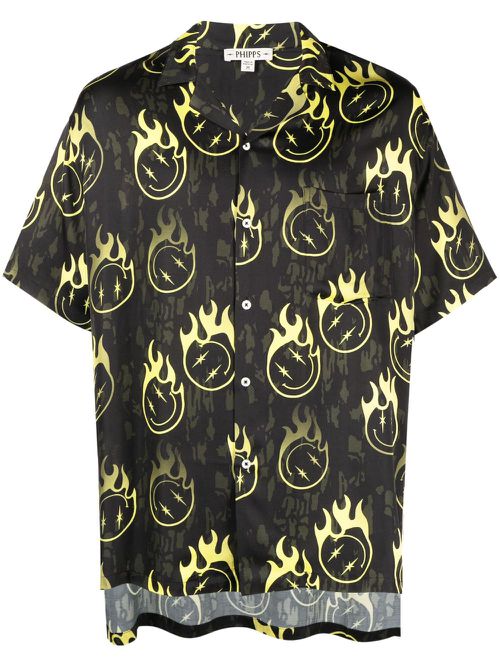 Oversized smiley-print bowling shirt - Black