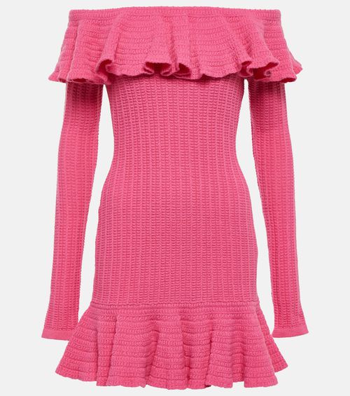 Off-shoulder ruffled wool minidress