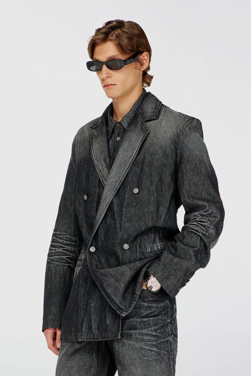 Double-breasted blazer in creased denim - Denim Jackets - Man - Black