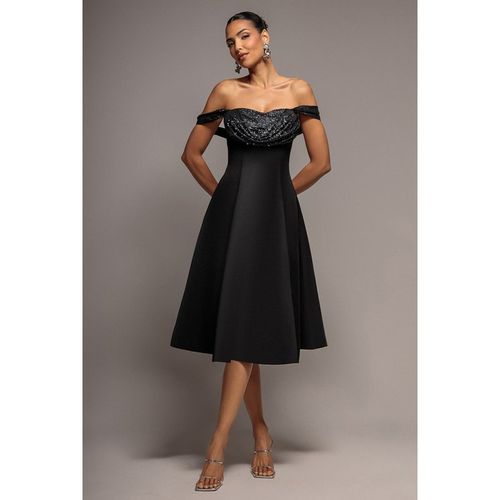 Goddiva Sparkle Chiffon Cowl Bardot Skater Midi Dress - Black