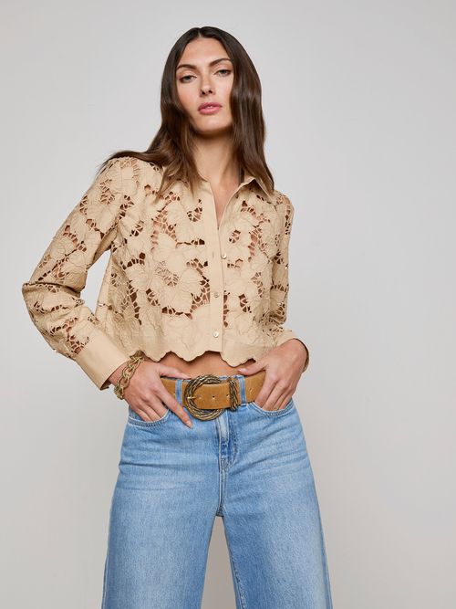 L'AGENCE Seychelle Cropped Lace Blouse Top In Almond