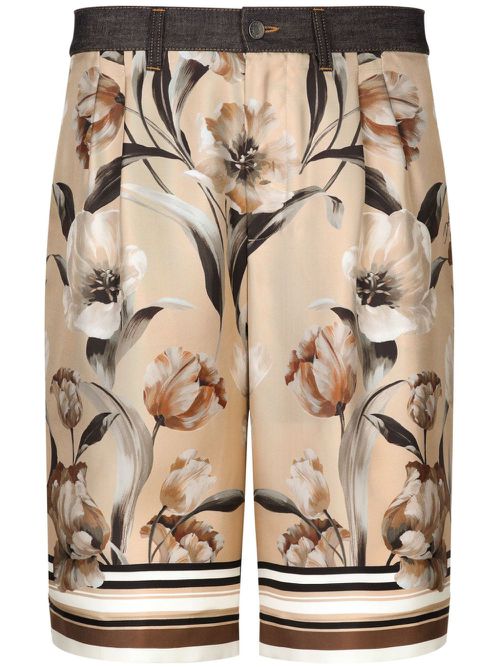 Floral-print panelled denim shorts - Neutrals