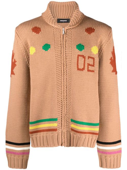 Intarsia-knit zip-up cardigan - Brown