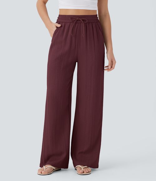 High Waisted Drawstring Pocket Wide Leg Baggy Casual Linen-Feel Pants  - Zinfandel