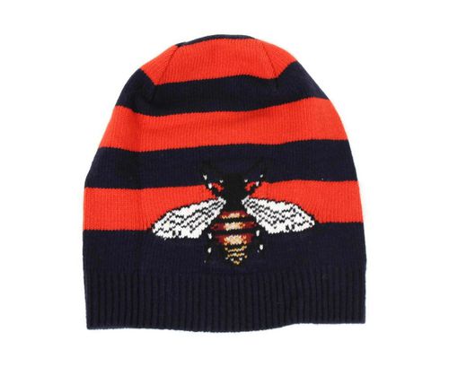 Gucci Men's Blue / Red Striped Wool Knit Beanie Hat With Large Bee
