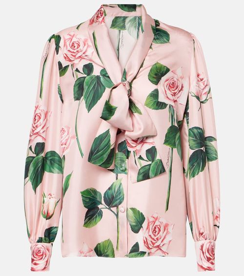 Floral tie-neck silk satin blouse