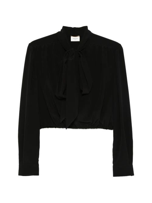 Silk Lavaliere Collar Button-Front Shirt with Gathered Hem