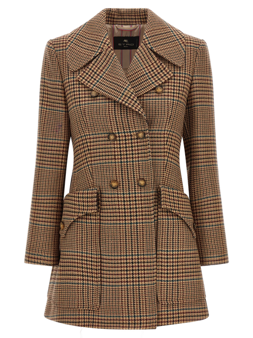Double-Breasted Wool Prince of Wales Coat — Brown