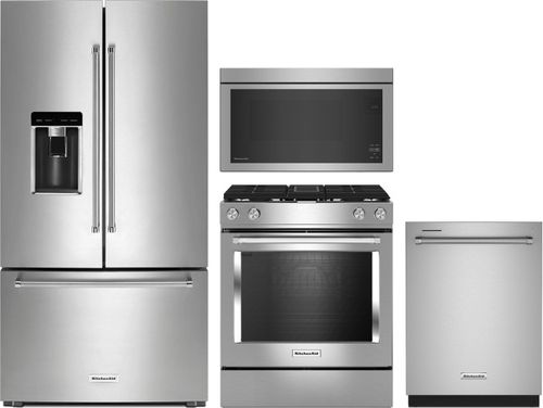 KitchenAid 4 Piece Kitchen Appliances Package with French Door Refrigerator, Dual Fuel Range, Dishwasher and Over the Range Microwave in Stainless Ste