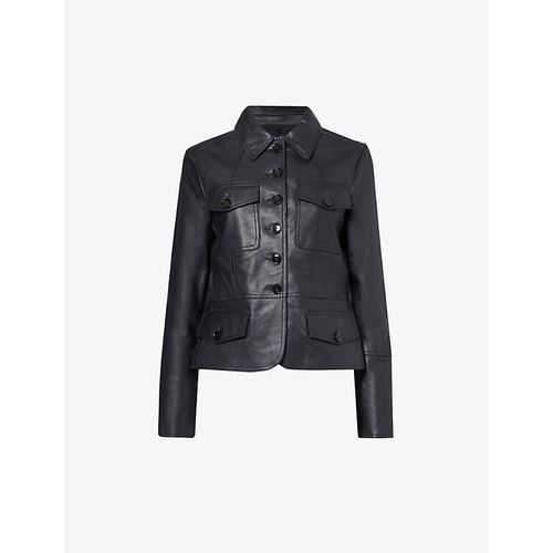 Womens Black Flap-pocket Regular-fit Leather Jacket