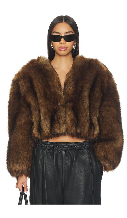 Alexander Wang Faux Fur Cropped Jacket in Brown. L. Also in