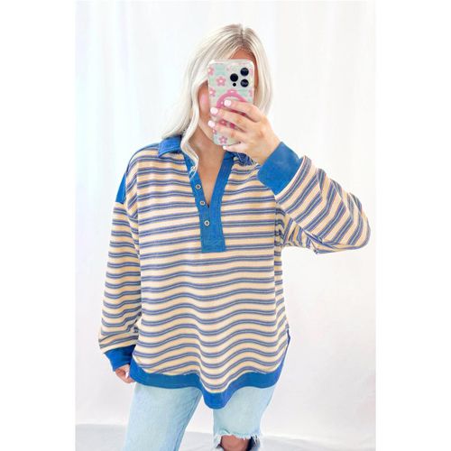 Blue Stripe Buttoned V Neck Collared Drop Shoulder Top Women