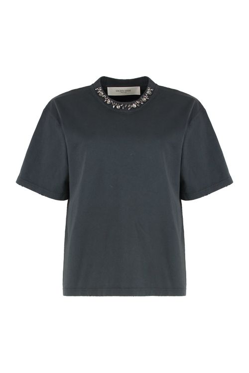 Round Neck T-Shirt with Cabochon Crystals - Women's
