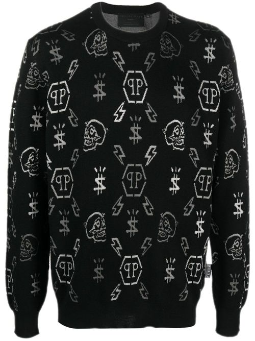 LS jacquard monogram jumper - Black