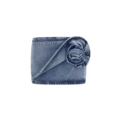 Twisted Floral Denim Denim Shorts — Blue