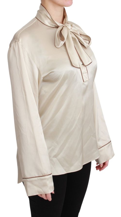 Silk Satin Bow-Neck Blouse — Beige