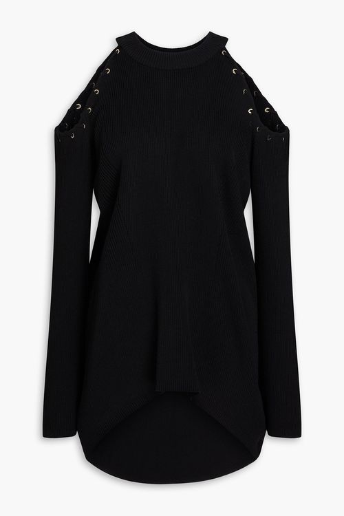Cold-shoulder ribbed-knit top - Black - XL/XXL