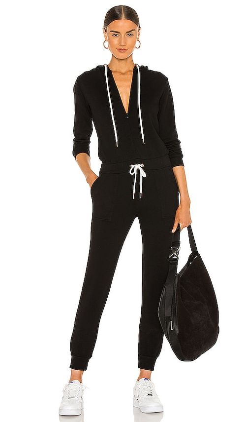 MONROW Supersoft Fleece Hooded Jumpsuit in Black. XL. Also in XS, S