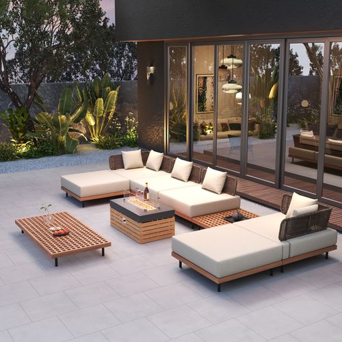 Propane Gas Fire Pit Table with Glass Wind Guard & Gray Outdoor Sectional Sofa Set