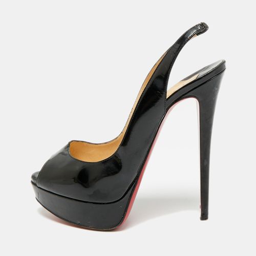 Christian Louboutin Lady Peep 39 Black Patent Leather Platform Sanda