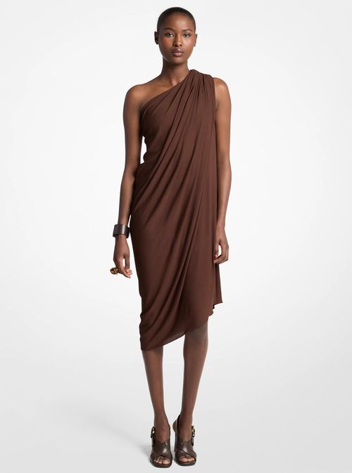 Michael Kors Draped Georgette Jersey One-Shoulder Dress in Brown - size 12 by
